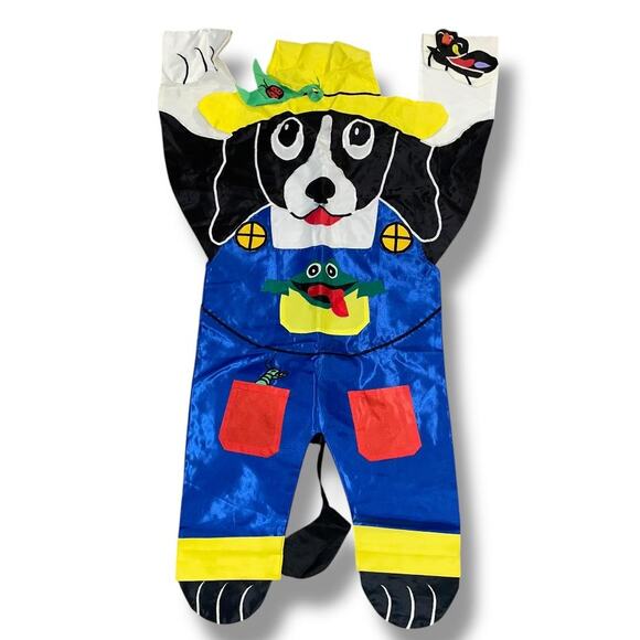 3D Dog Garden Flag Country Pup Blue Overalls Frog Butterfly Hanging Paws 37" - Picture 2 of 7